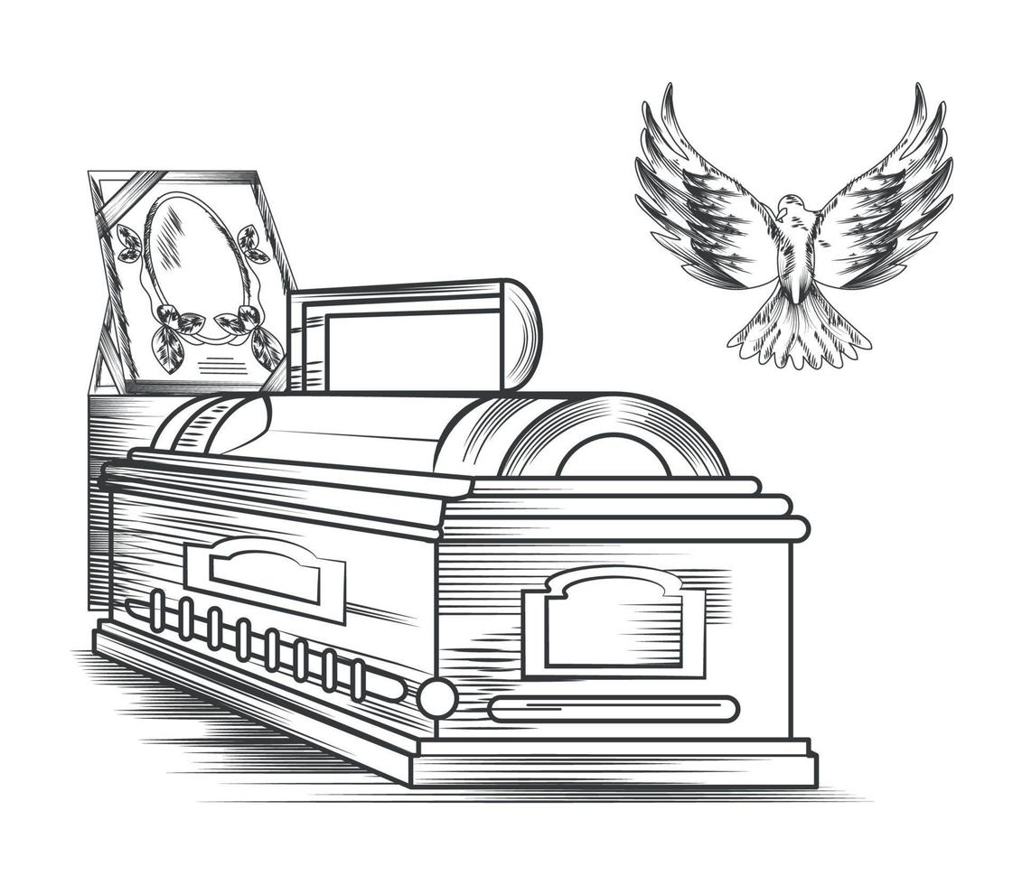 funeral coffin and dove vector