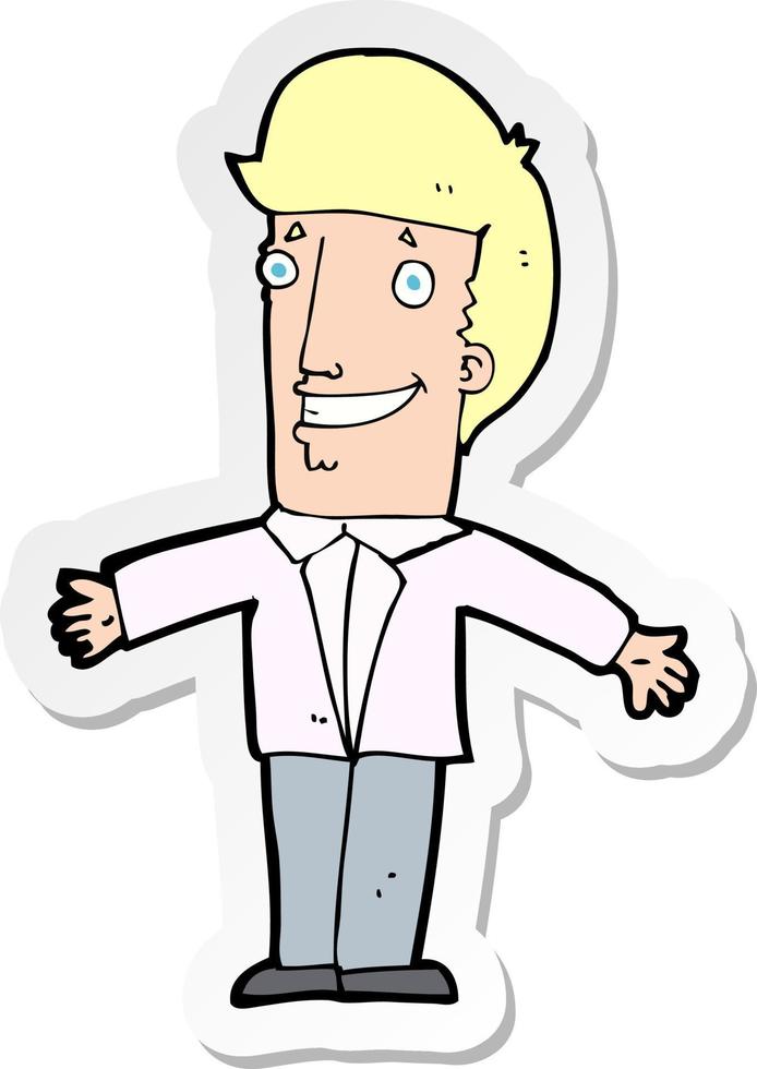 sticker of a cartoon grining man with open arms vector
