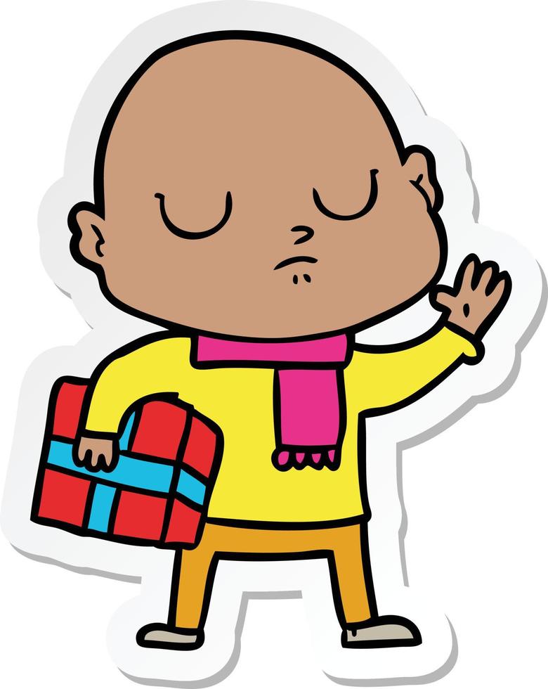 sticker of a cartoon bald man with xmas gift vector