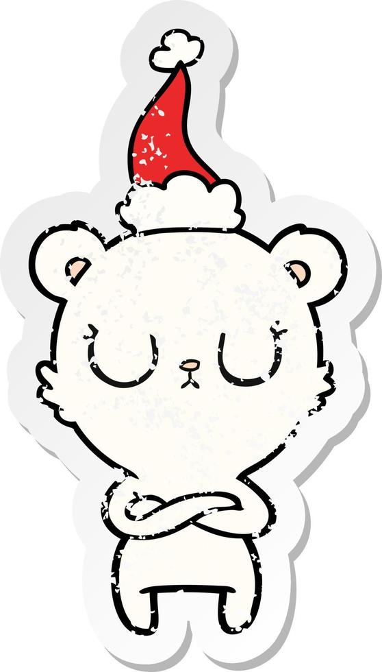 peaceful distressed sticker cartoon of a polar bear wearing santa hat vector