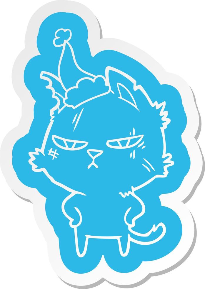 tough cartoon  sticker of a cat wearing santa hat vector