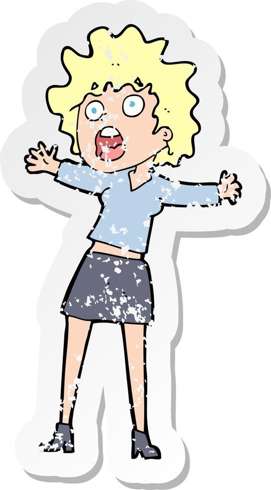 retro distressed sticker of a cartoon frightened woman vector