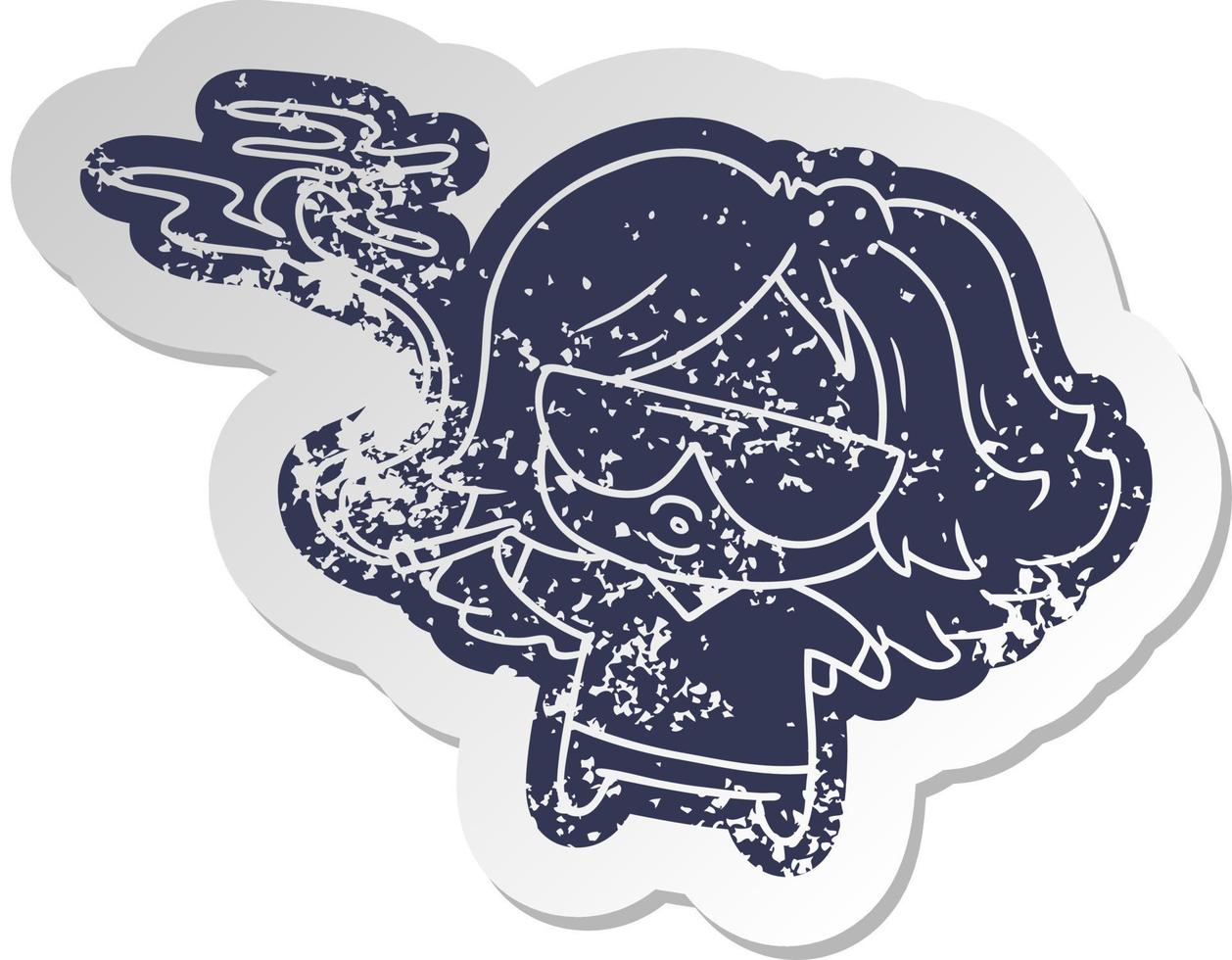distressed old sticker cute kawaii smoking a joint vector