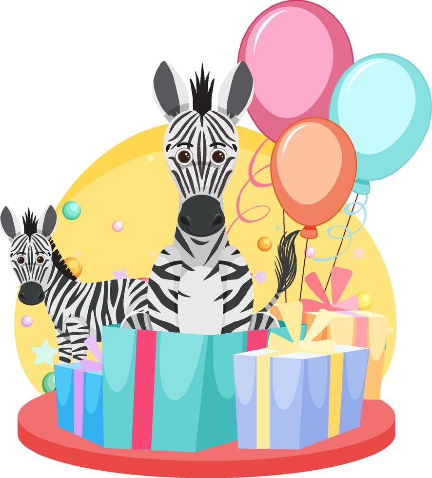 Two zebras with gift boxes and balloons vector