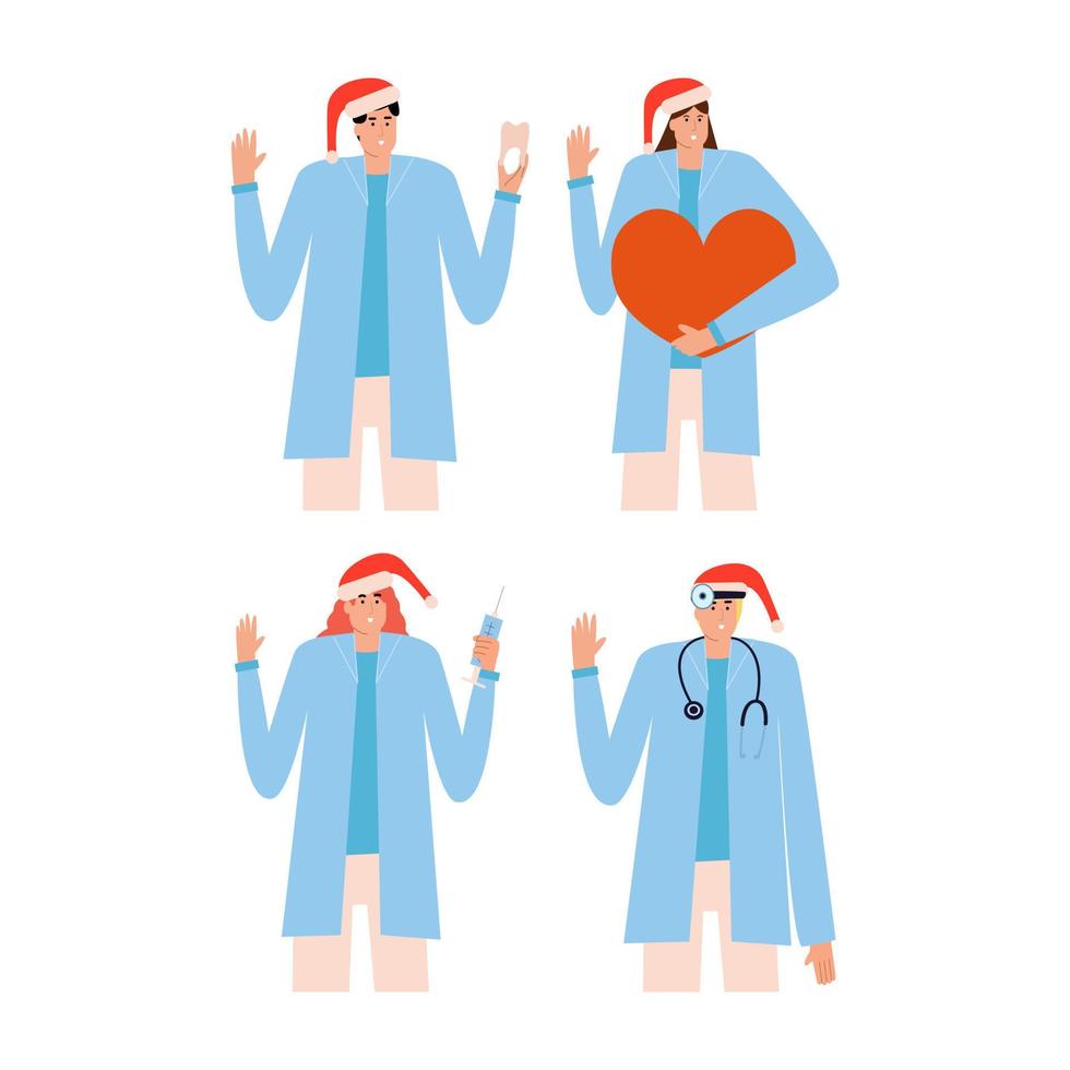 un grupo de médicos con sombrero rojo de navidad. dentista, otorrinolaringólogo, cardiólogo, terapeuta. colección de personajes médicos. ilustración vectorial en estilo plano vector