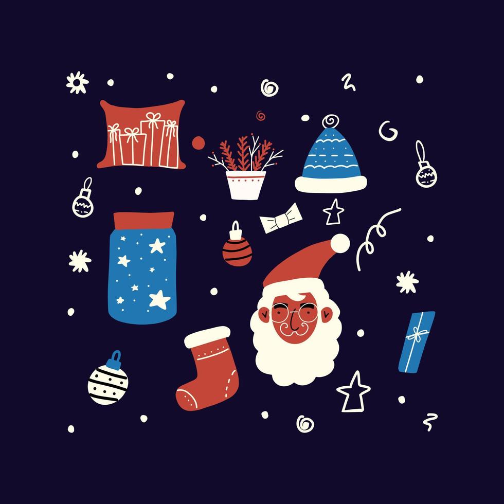 Set of hand-drawn Christmas elements. Christmas collection with santa claus, gift, sock, balls. Vector illustration in flat style