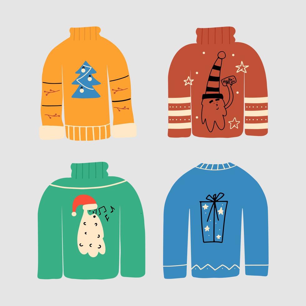 conjunto de feos suéteres navideños. ilustración vectorial en un estilo plano. vector