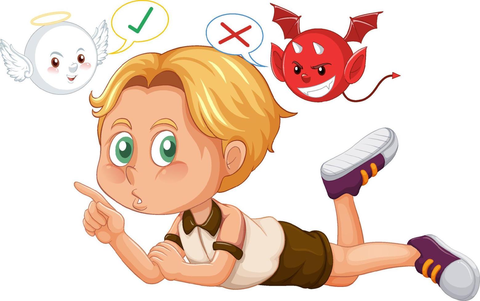Cartoon character with devil and angel fighting in thought vector