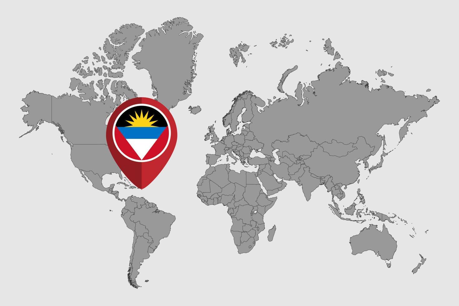 Pin map with Antigua and Barbuda flag on world map. Vector illustration.
