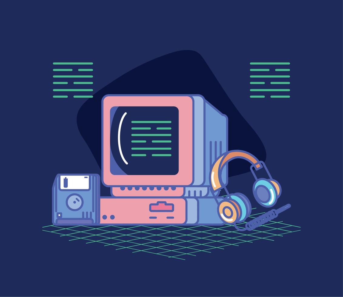 computadora retro y auriculares vector