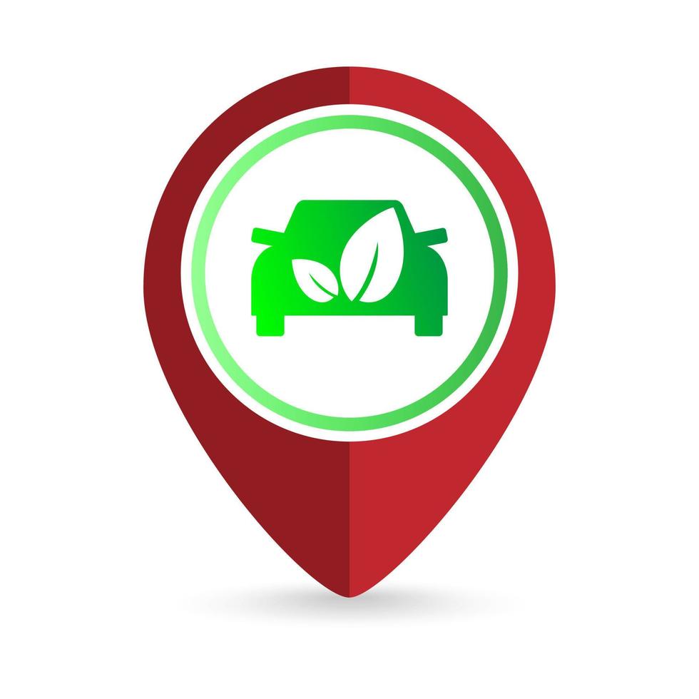 Map pointer with eco car icon. Vector illustration.