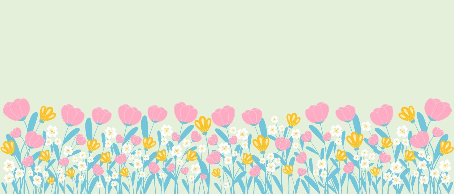 Spring backdrop with border of blooming flowers and leaves in hand drawn style, horizontal banner template vector