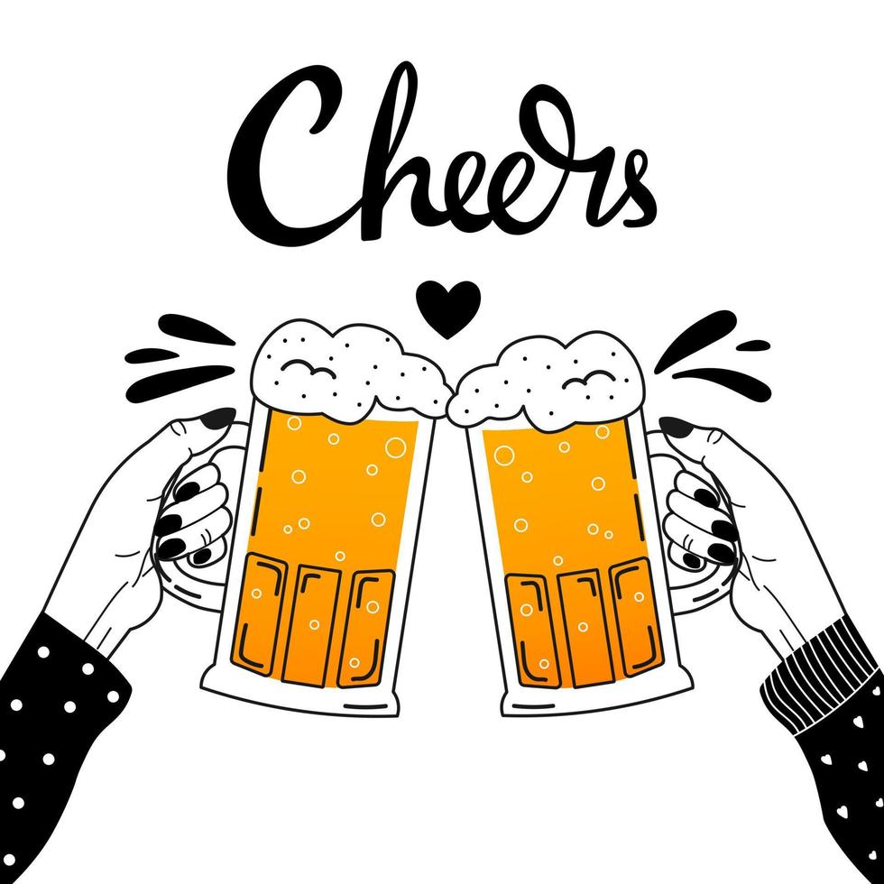 Two women hands holding beer mugs and making cheers and heart, splashes isolated on white background vector