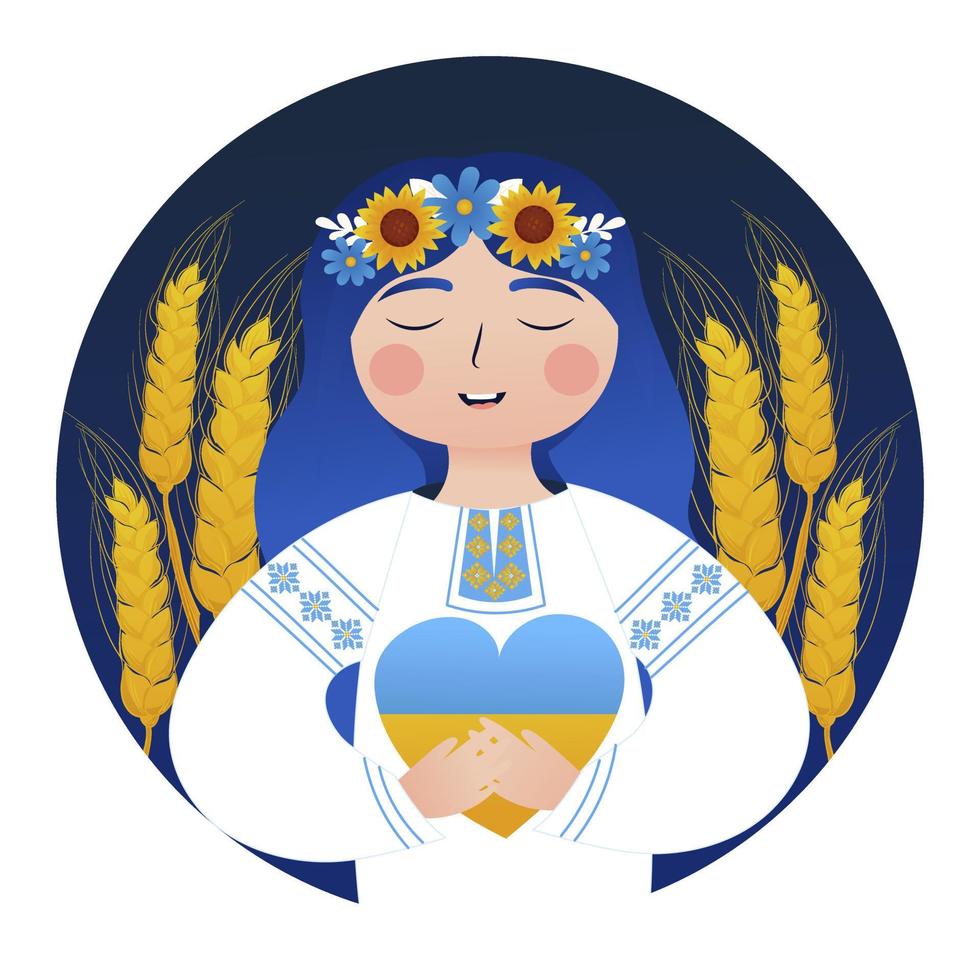 Ukrainian woman in a traditional national costume holding heart with the colors of the flag on dark blue background vector