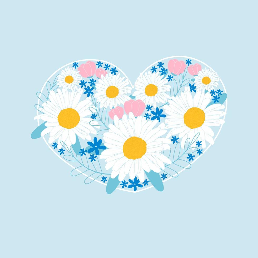 corazón floral con margaritas, tulipanes y hojas sobre fondo azul, plantilla de diseño para tarjetas de regalo o invitaciones para bodas vector