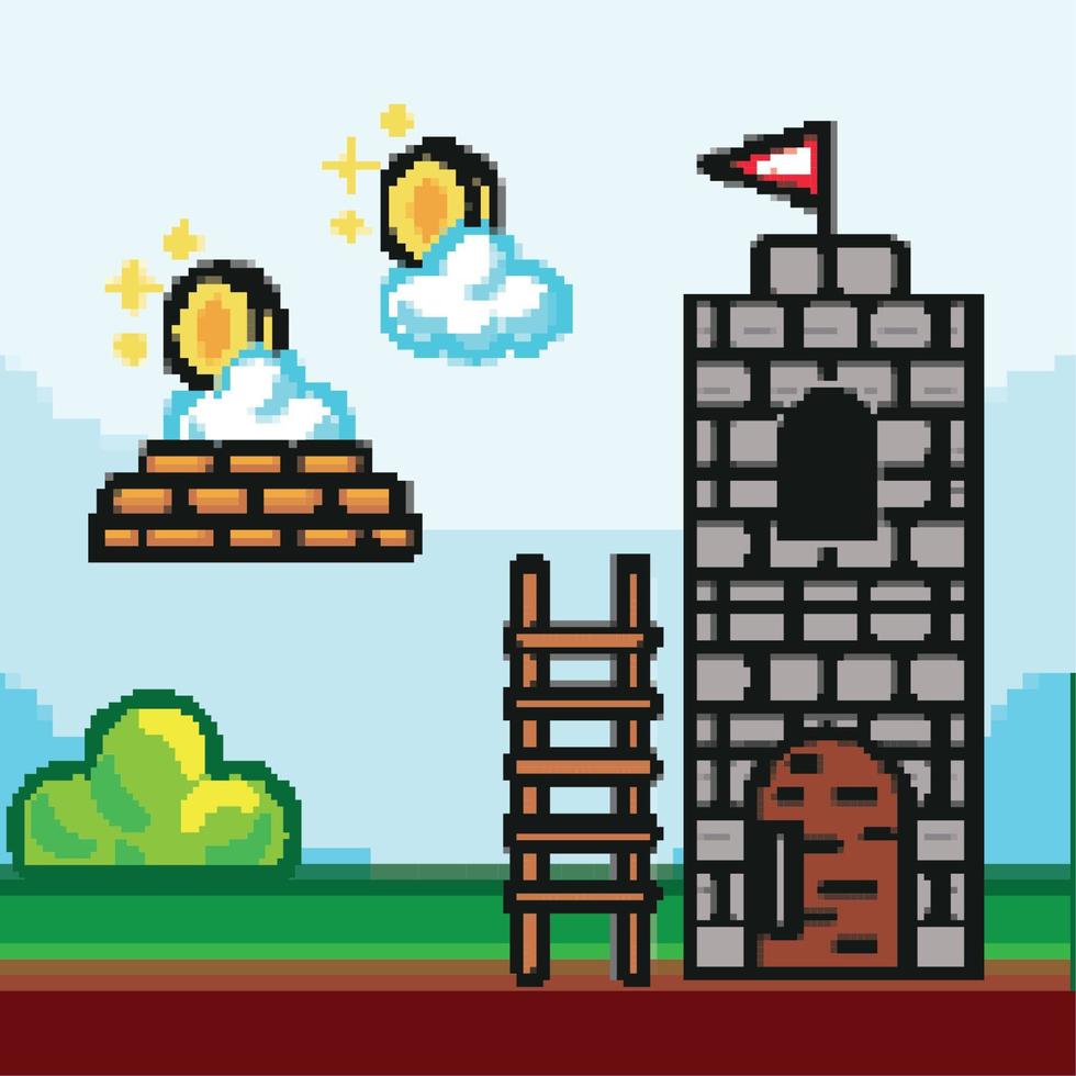 videojuego de castillo pixelado vector