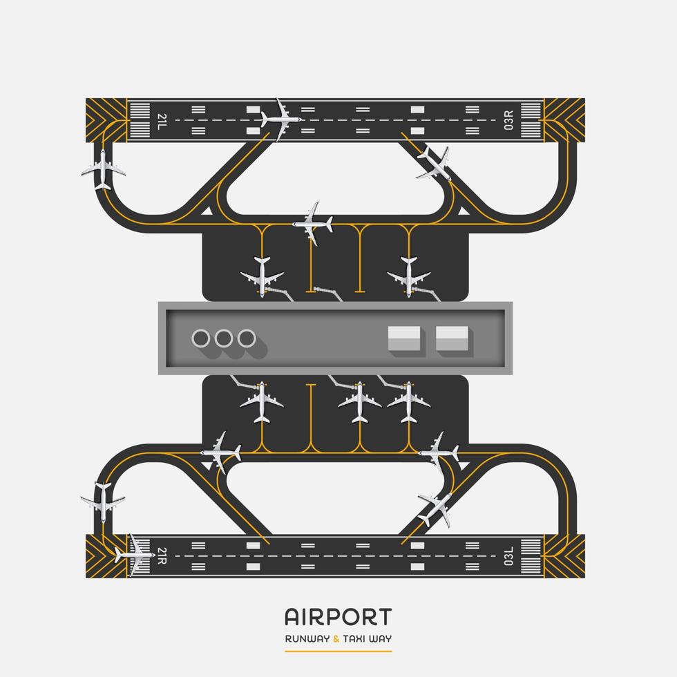 Top view of airport runway and taxi way with airplane, vector illustration