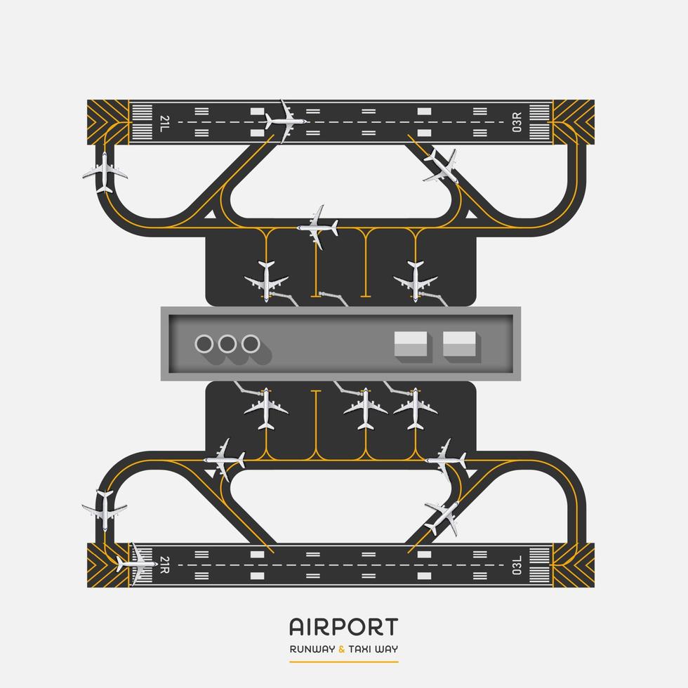 Vista superior de la pista de aterrizaje del aeropuerto y forma de taxi con avión, ilustración vectorial vector