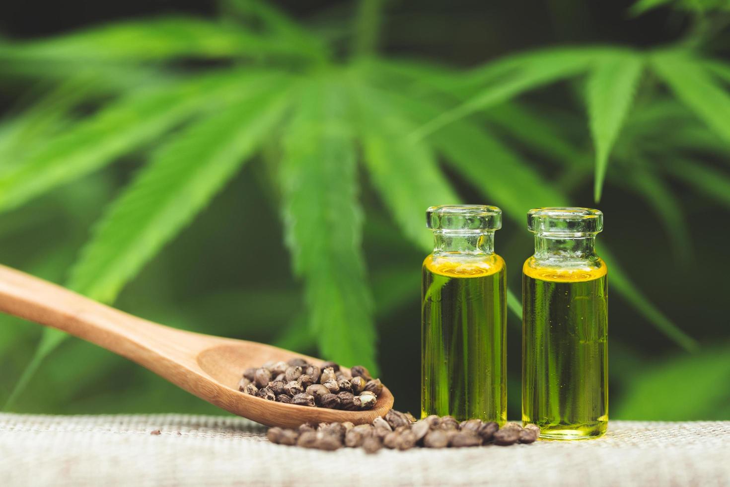 Hemp seeds and  droplet dosing a biological and ecological hemp plant herbal pharmaceutical cbd oil from a jar on a green marijuana leaf background.  medical marijuana concept, CBD cannabis OIL. photo