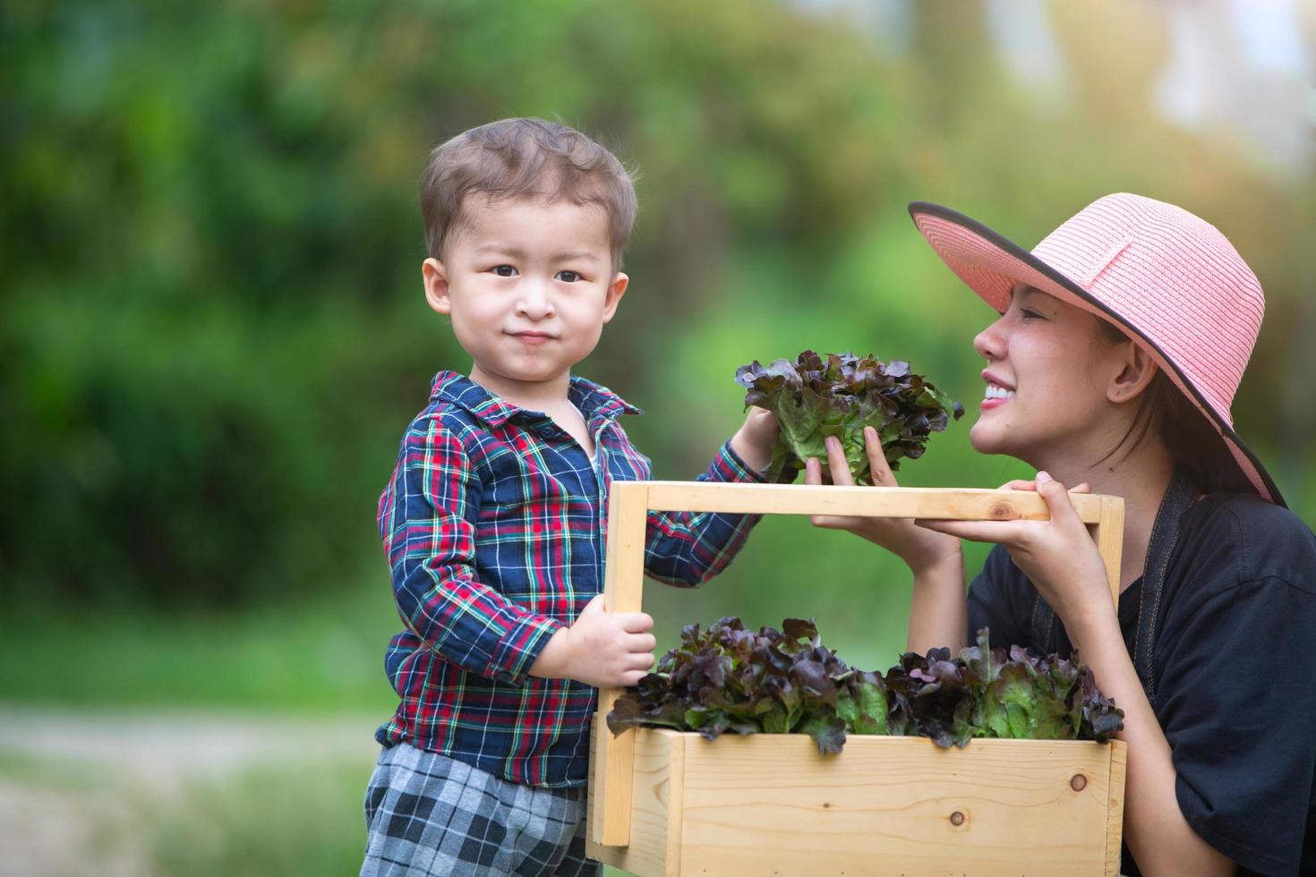 A beautiful mother spends time with her son in the garden. They are collecting vegetables in baskets. photo