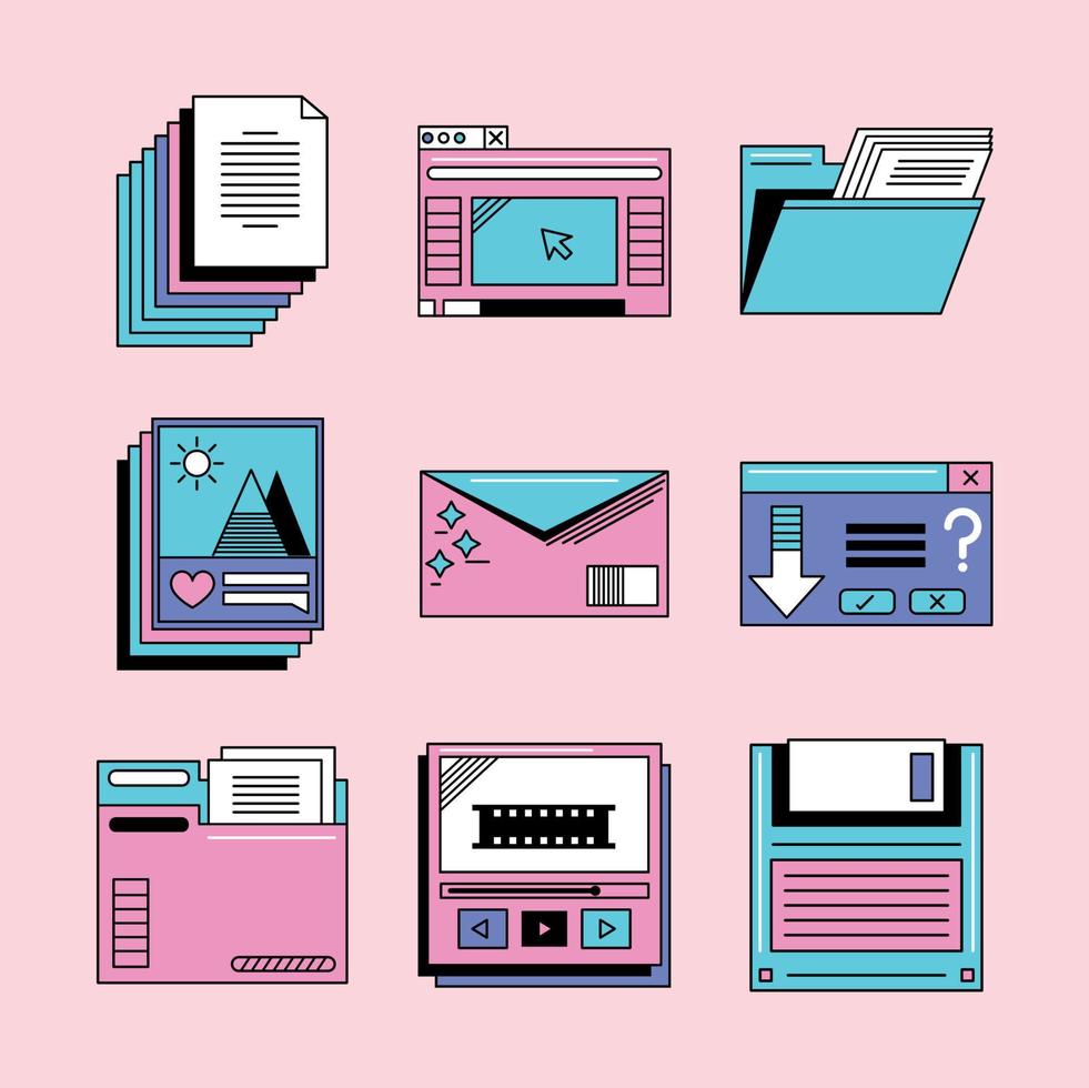 icons set retro futuristic vector