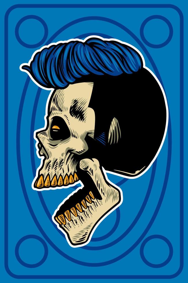 cabeza de calavera dibujada a mano con cabello fresco e ilustración de tarjeta de boca abierta vector