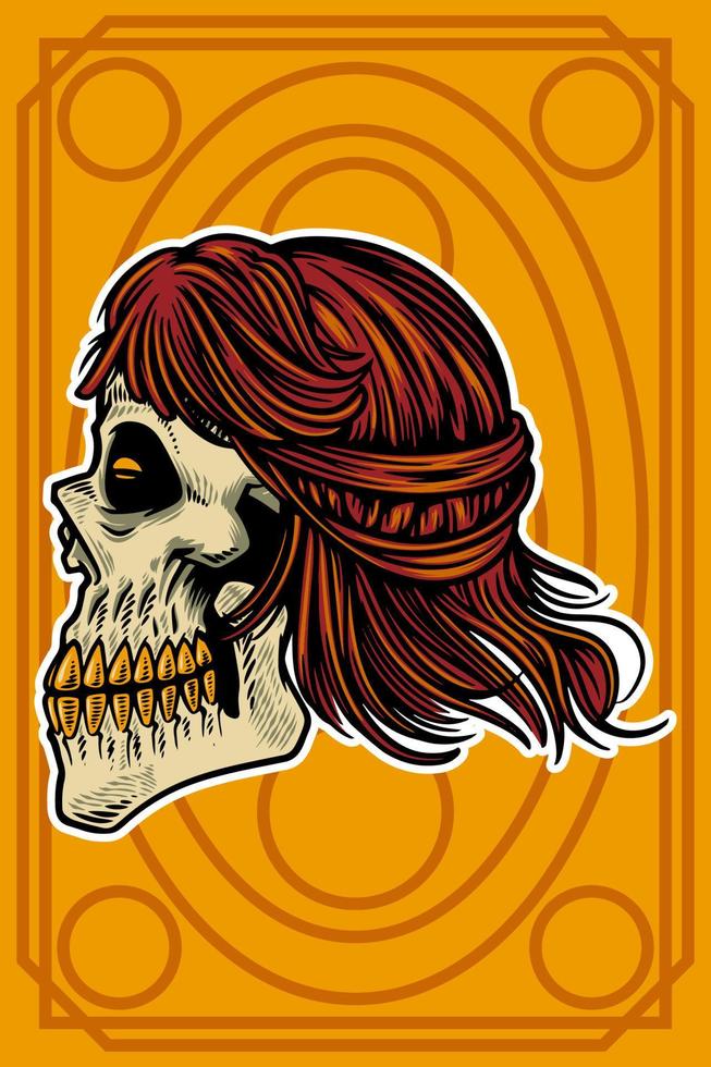 cabeza de calavera dibujada a mano con ilustración de tarjeta de pelo fresco vector