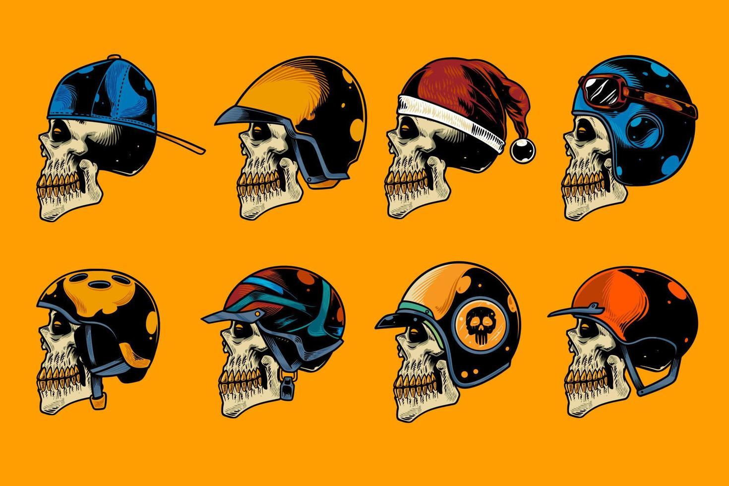 skull head with various helm on hand drawn illustration set vector
