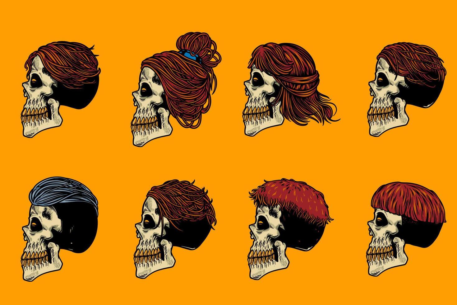 skull head with various hair hand drawn illustration set vector