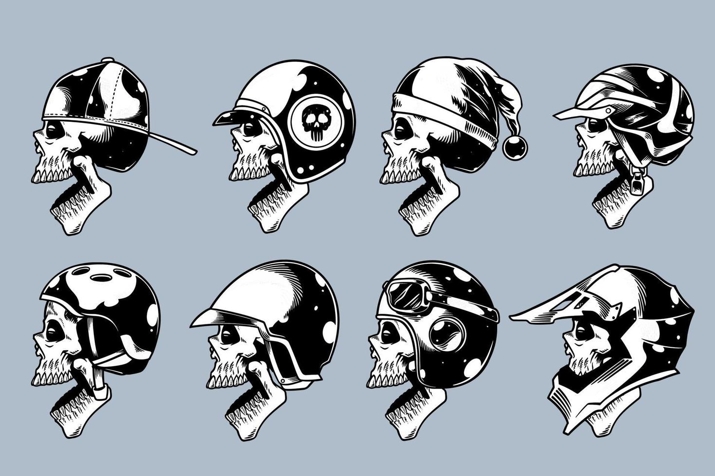 skull head with various helm on and open mouth illustration set monochrome style vector