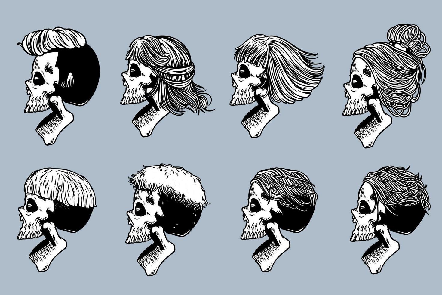 skull head with various hair and open mouth illustration set monochrome style vector