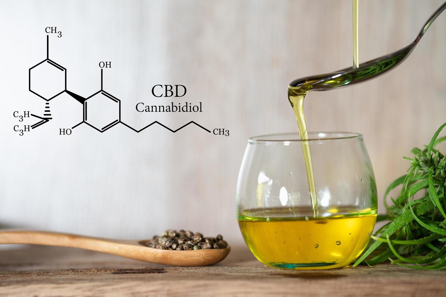 CBD elements in Cannabis, Pouring hemp oil into spoon, cannabis oil in a glass jar, Organic hemp oil, Concept of herbal alternative medicine. photo