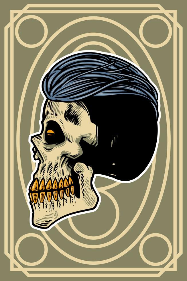 cabeza de calavera dibujada a mano con ilustración de tarjeta de pelo fresco vector