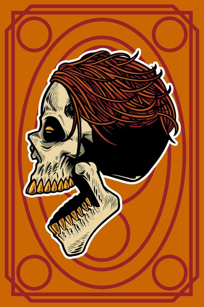 cabeza de calavera dibujada a mano con cabello fresco e ilustración de tarjeta de boca abierta vector