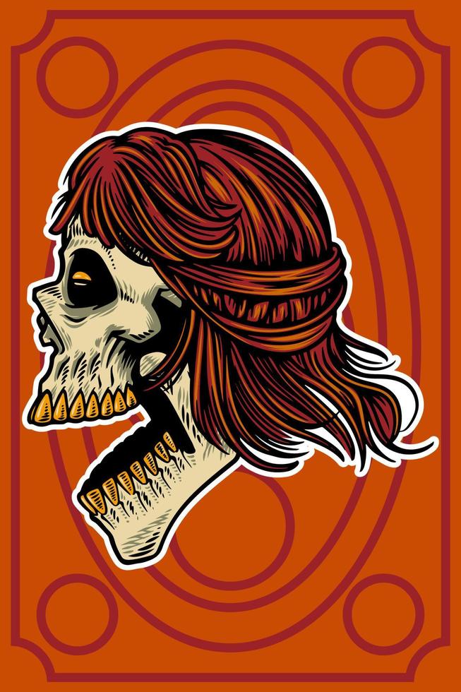 cabeza de calavera dibujada a mano con cabello fresco e ilustración de tarjeta de boca abierta vector