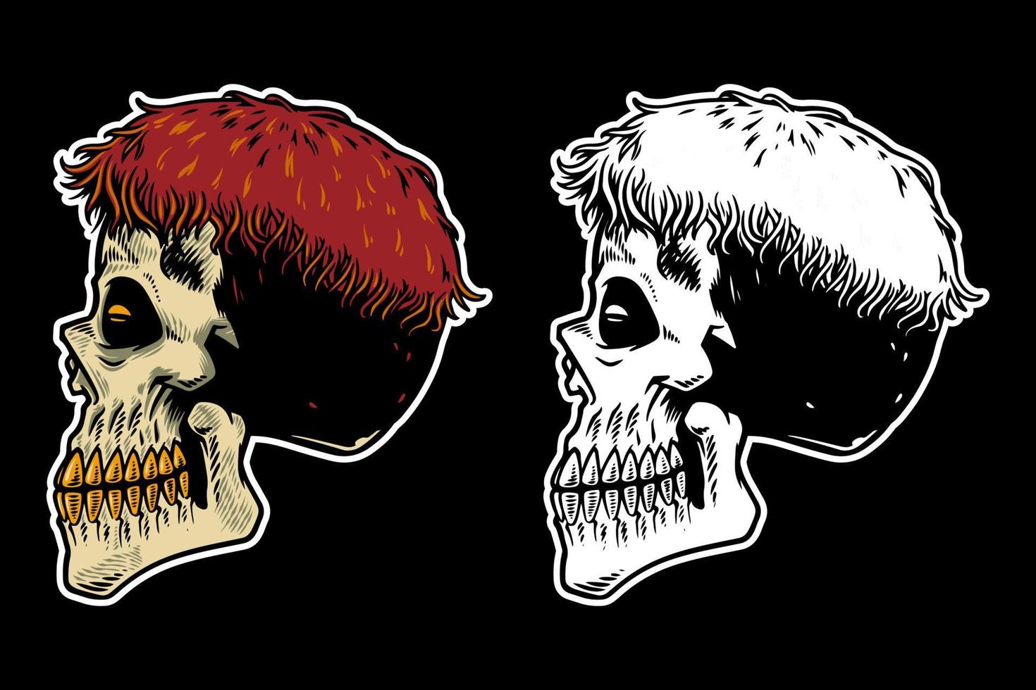 Cabeza de calavera dibujada a mano con ilustración de vector de pelo fresco