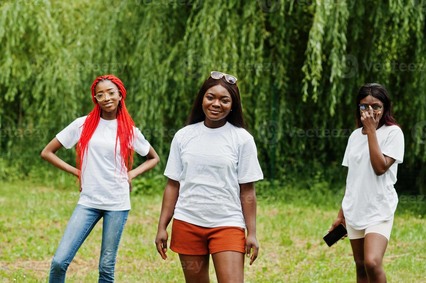 Three african american womans in park at white t-shirts. photo