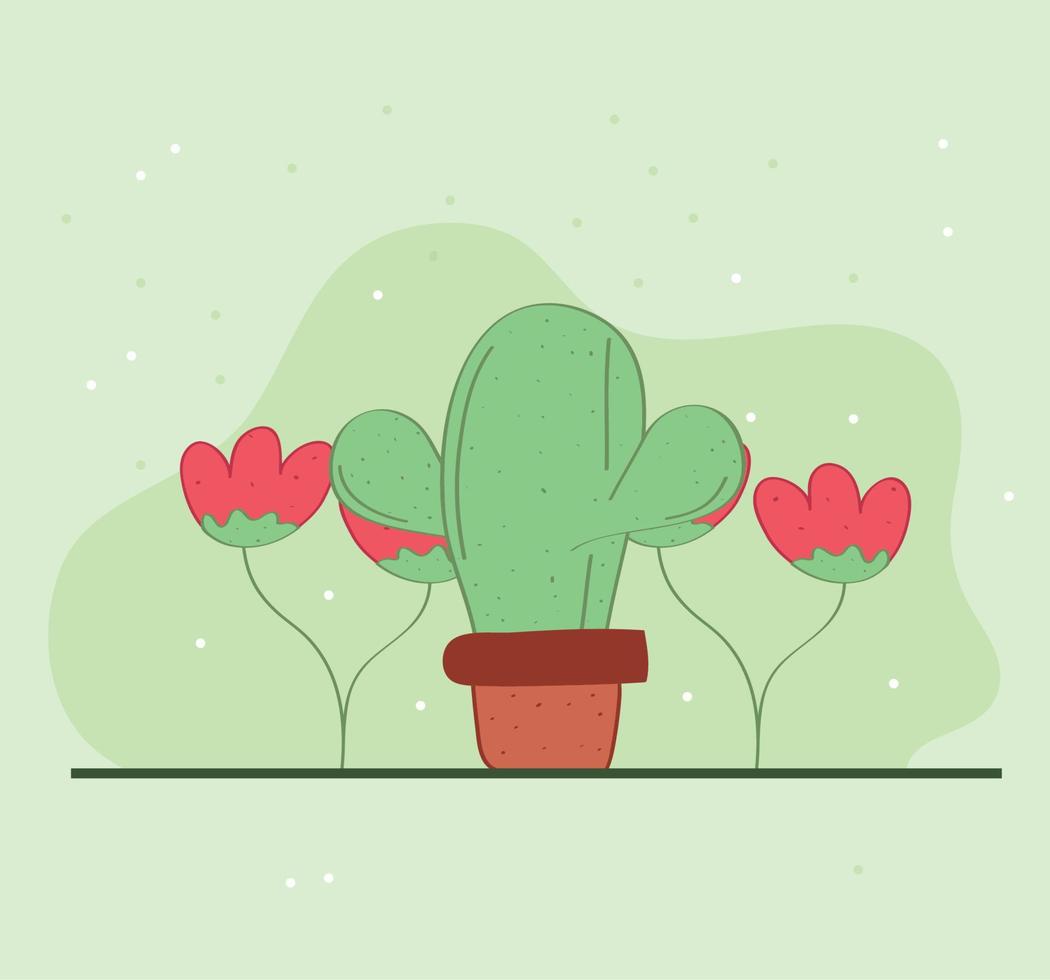 potted cactus and flowers vector