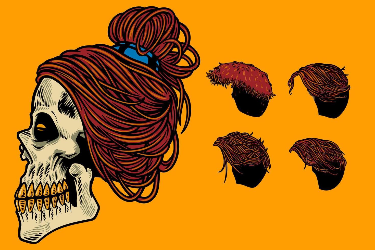 hand drawn skull with various hair vector illustration set