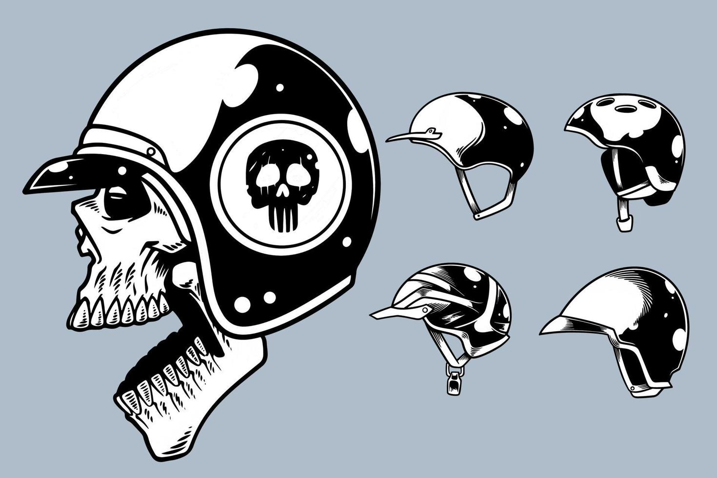 cráneo dibujado a mano con varias ilustraciones vectoriales de timón en estilo monocromo vector