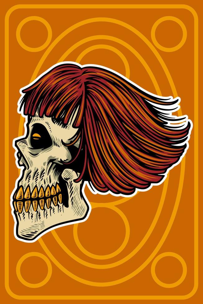 hand drawn skull head with cool hair card illustration vector
