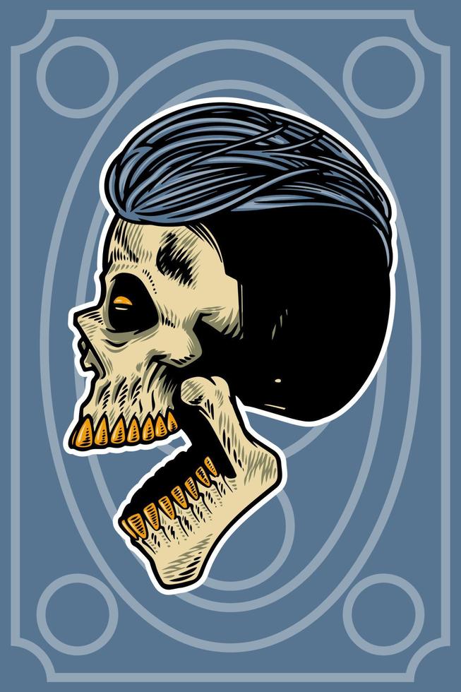 cabeza de calavera dibujada a mano con cabello fresco e ilustración de tarjeta de boca abierta vector