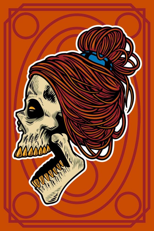 hand drawn skull head with cool hair and open mouth card illustration vector