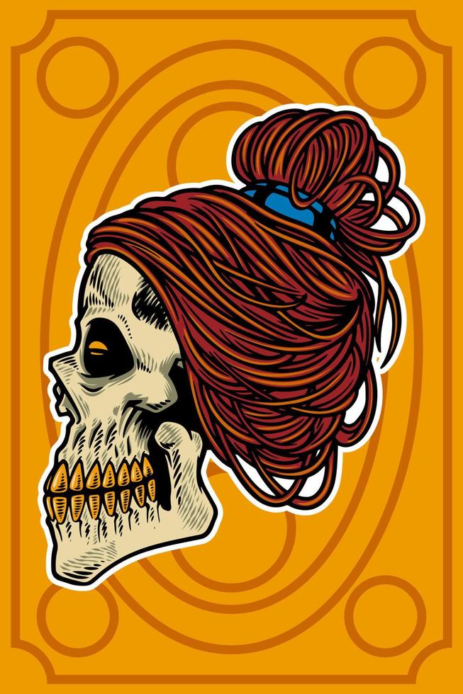 cabeza de calavera dibujada a mano con ilustración de tarjeta de pelo fresco vector