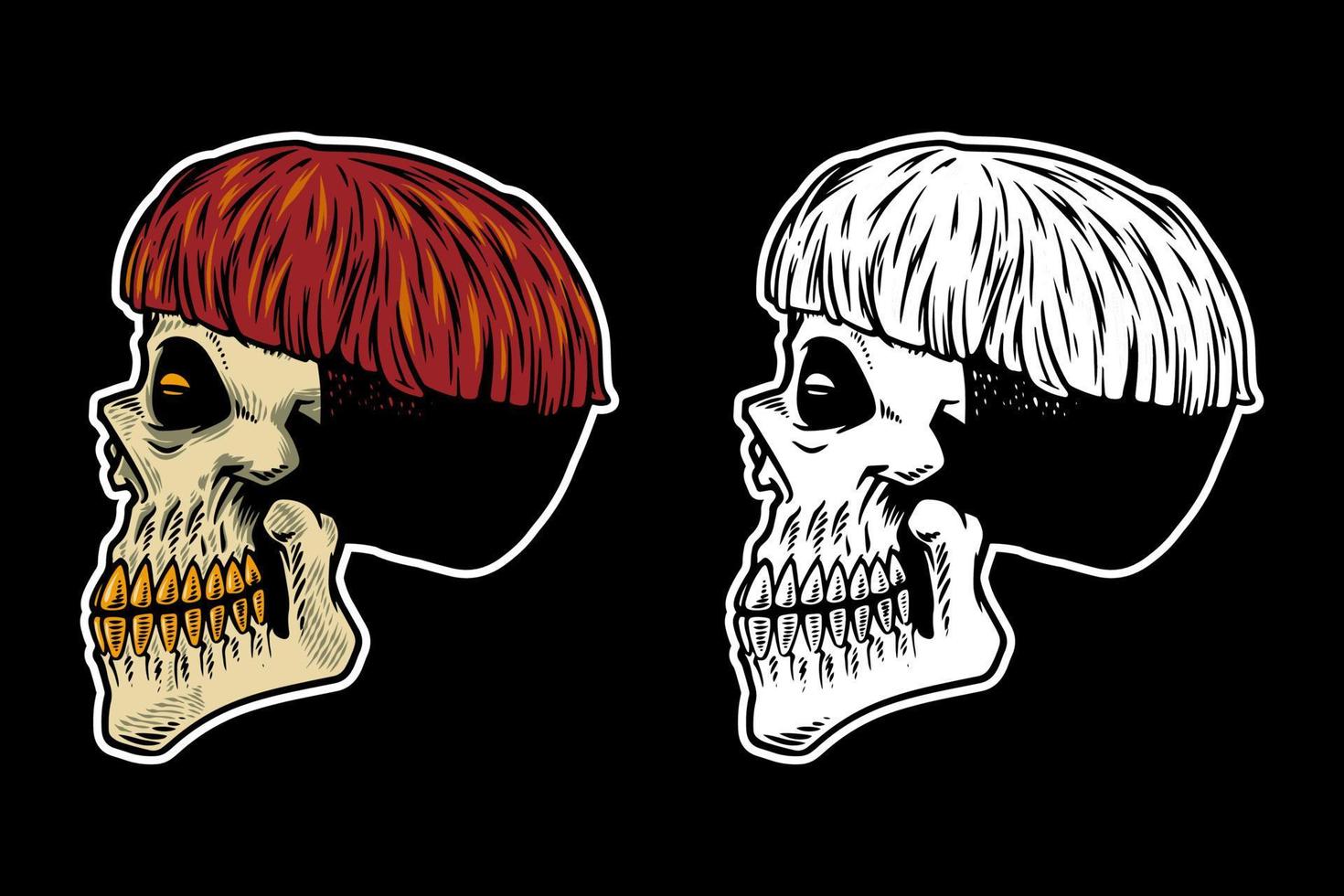 Cabeza de calavera dibujada a mano con ilustración de vector de pelo fresco