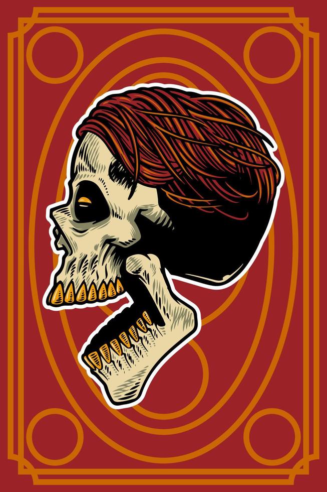 cabeza de calavera dibujada a mano con cabello fresco e ilustración de tarjeta de boca abierta vector