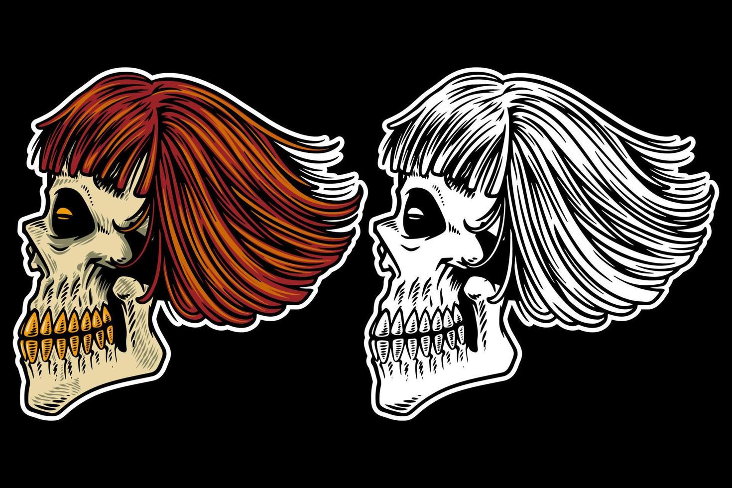 Cabeza de calavera dibujada a mano con ilustración de vector de pelo fresco