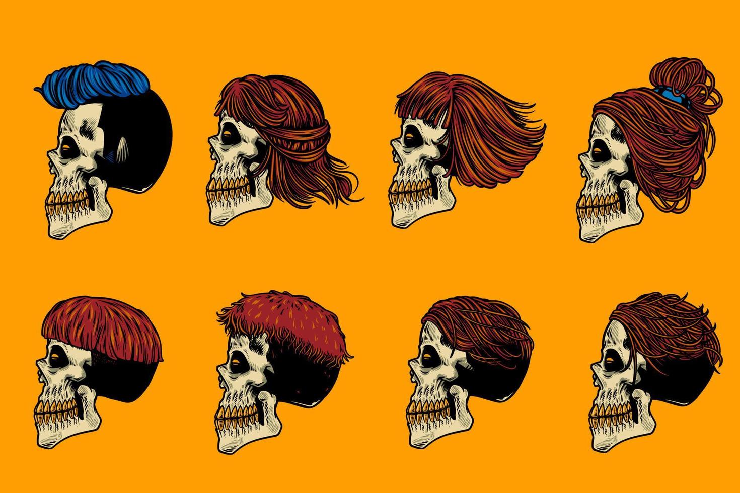 cabeza de calavera con varios cabellos conjunto de ilustraciones dibujadas a mano vector