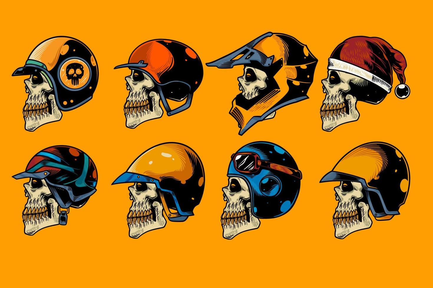 skull head with various helm on hand drawn illustration set vector