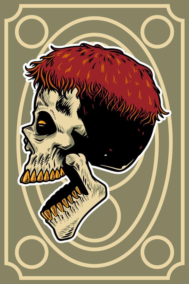 cabeza de calavera dibujada a mano con cabello fresco e ilustración de tarjeta de boca abierta vector